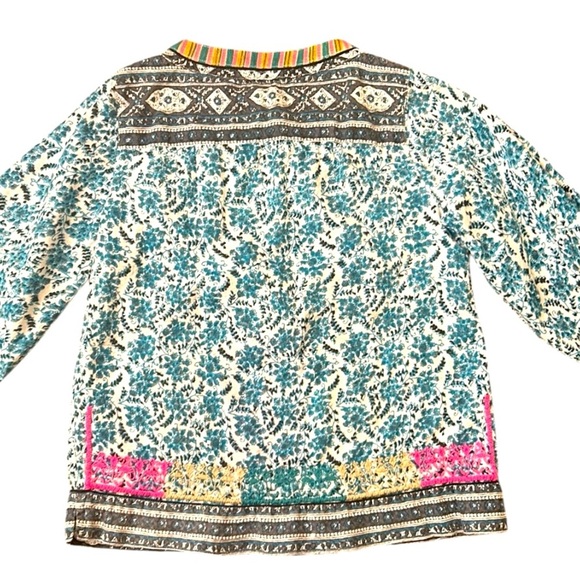 John Mark Boho Embroidered Floral 3/4 Sleeve Peasant Tunic Top Turquoise Small - Picture 9 of 15